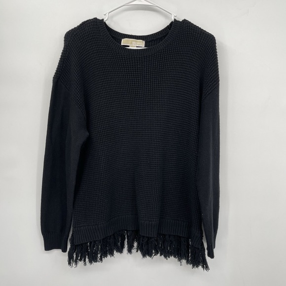 MICHAEL by‎ Michael Kors waffle knit sweater with fringe hem in BLACK Large - Picture 1 of 8